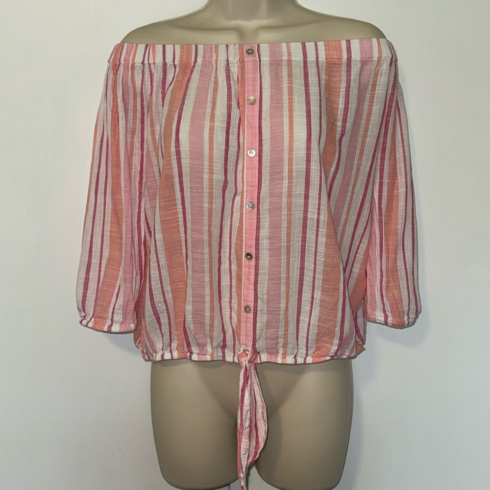 Women’s Off-Shoulder Pink Stripe Button-Front Top